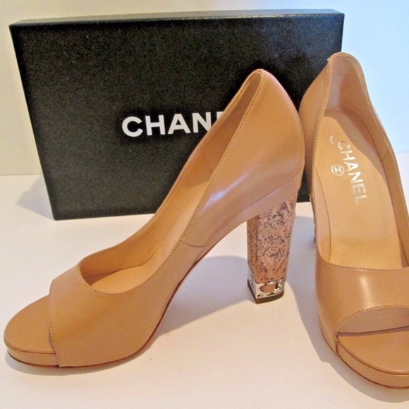 CHANEL Shoes - NEW CHANEL Leather Beige Pumps with Cork Heel